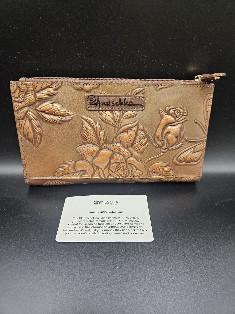 Anuschka Bronze Embossed Floral Butterfly RFID Leather Wallet Clutch NWT